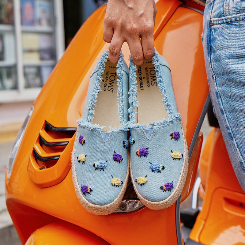 TOMS X Fizzy Goblet Knotted(Hand-embroidered) Sheep Blue Platform Espadrilles-TOMS® India Official Site